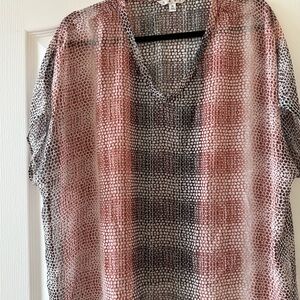 CAbi Pink and Black Patterned V-Neck Blouse